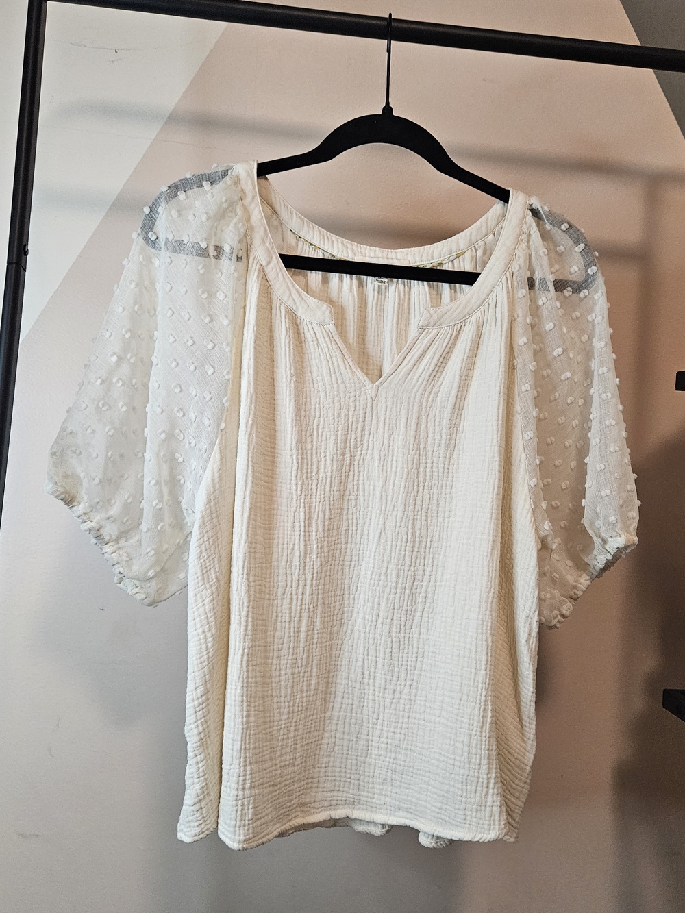 Umgee Cream Gauze Blouse with Sheer Dot Puff Sleeves, Oversized Fit, Size 1X